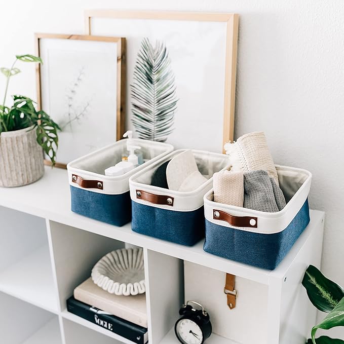 OrganiHaus Small Fabric Storage Baskets for Shelves 3 Pack, 12x8in Closet Storage Bins for Shelves, Cloth Baskets for Organizing, Linen Closet Organizers, Fabric Basket, Navy Blue/White