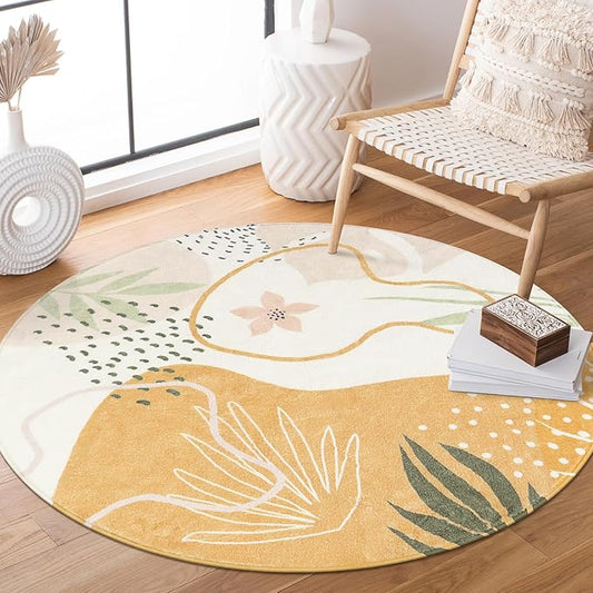 Lahome Boho Round Rug - Circle Rug 3Ft Washable Non-Slip Ultra-Thin Round Entryway Rug Throw Soft Small Circle Area Rug for Bathroom, Botanical Print Circular Rugs for Bedroom Nursery Kids Room Sofa