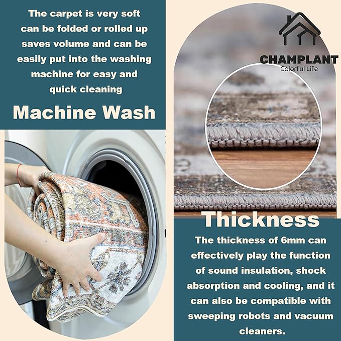 Washable Area Rug 10'x14' Cyan Khaki Retro Flowers Boho Design Non-Shedding Easy Care Ideal for High Traffic Areas in Living Room Bedroom Office Coffee Table Kitchen Large Carpet