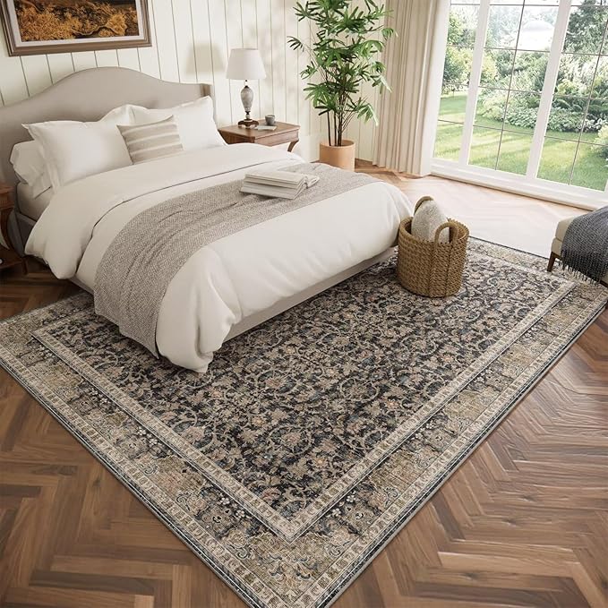 Washable 5x7 Area Rugs for Living Room, Boho Non-Slip Silicone Backing Rugs for Bedroom Dining Room Nursery Office, 0.3" Neutral Oriental Throw Carpet with 0.16" Cushioning Pad, Black/Multi