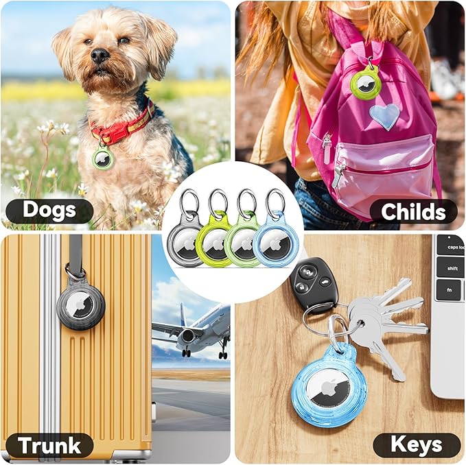 Upgrade Waterproof 4 Pack Airtags Holder with Apple Airtags Keychain, Hard PC Clear Air Tag Case, Anti-Scratch & Shock Air tag Holder, Men's Women's Keyrings & Keychains-Black+Chartreuse+Green+Blue