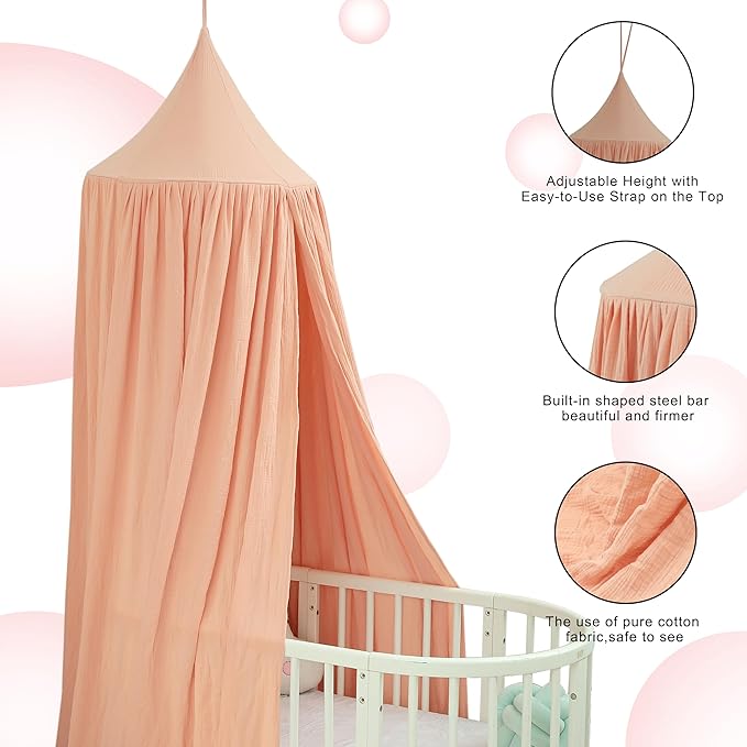 Cotton Kids Bed Canopy, Nursery Room Baby Crib Hanging Curtain Mosquito Net Hideaway Bedding Children Reading Nook Decoration, Pastel Neutral Color for Boys & Girls (Beige)