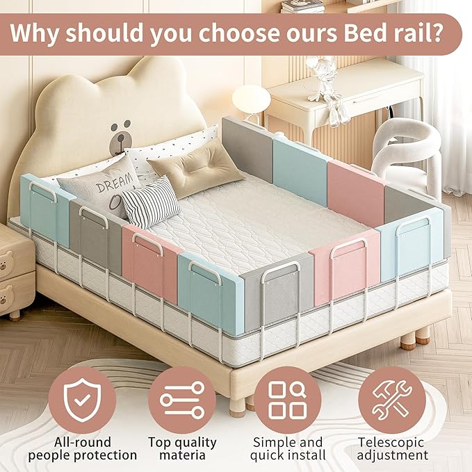 Bed Rail Bumpers for Toddlers, for Elderly Adults Safety, Bed Side Guard Rails for Kids, Twin，Queen & King Full Size Beds（Gray, 2 Packs）