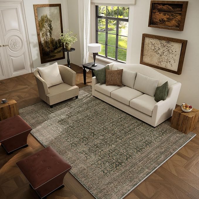 Machine Washable Rugs for Living Room: 5x7 Area Rugs Boho Vintage Rugs Stain Resistant Non Slip Low Pile Soft Lightweight Carpet for Bedroom Kitchen Dining Room Nursery Kids Room Farmhouse