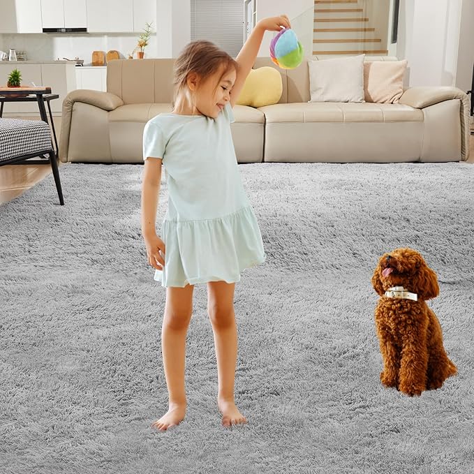 Ultra Soft Rug for Living Room, 4X6 Fluffy Shag Area Rug for Bedroom, Modern Shaggy Carpets Fuzzy Rug for Teens Dorm Nursery Home Decor Aesthetic, Upgrade Anti-Skid Durable, Light Grey