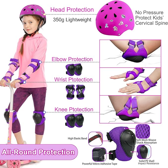 Kids Bike Helmet with DIY Stickers and Knee Pads Elbow Pads Wrist Guard Set for Ages 3-8-14 Toddler Boys Girls Helmet for Roller Skates Cycling Skateboarding Bicycle Scooter
