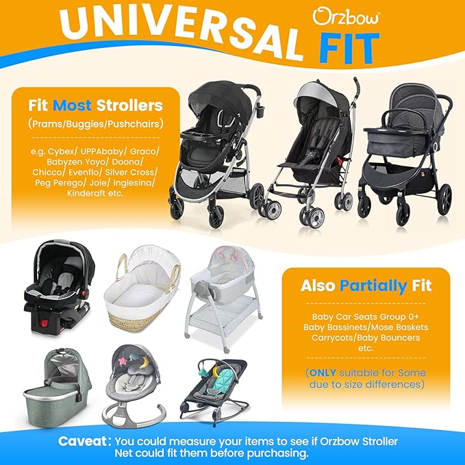 Orzbow 2-in-1 Baby Mosquito Net with UPF50+ Sunshade for Stroller, Breathable Stroller Mosquito Netting Privacy Cover with Two-Way Zipper & Storage Bag for Bassinet, Carrycot & Car Seat, Black