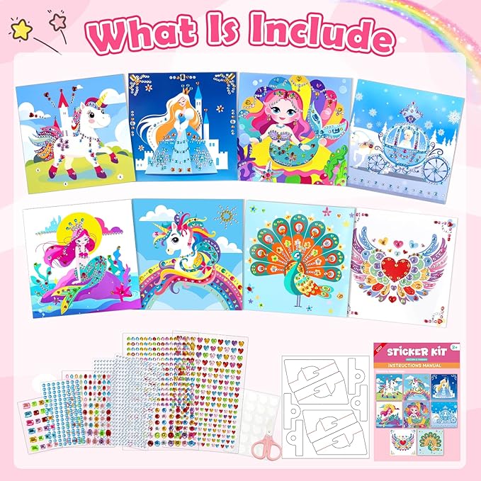 Gem Art Sticker Kit, Arts and Crafts for Kids Age 4-12, 8 Unicorn Princess Themes Diamond Art Kit, Gemstone Sticker Crafts Christmas Birthday Gifts for Girls Ages 4,5,6,7,8 Year Old (Pink-Unicorn)