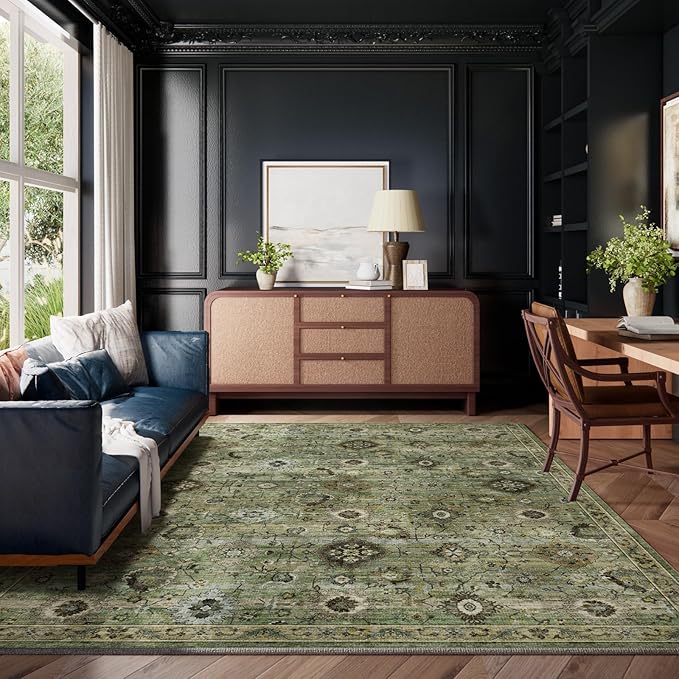 Washable Area Rugs for Living Room: 8x10 Rug Boho Vintage Rugs Stain Resistant Non Slip Low Pile Lightweight Soft Carpets for Bedroom Kitchen Dining Room Nursery Kids Room Farmhouse Home Office