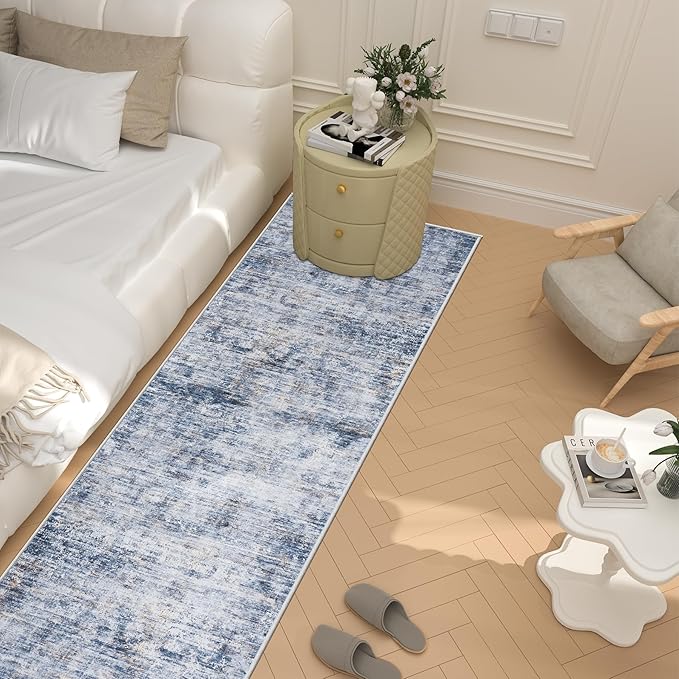 Runner Rug 2'6''x8' Kitchen Runner Rug: Modern Abstract Washable Area Rug with Non-Slip Backing, Thin Long Carpet Runner for Hallway, Bedroom, Laundry Room-Blue/Brown