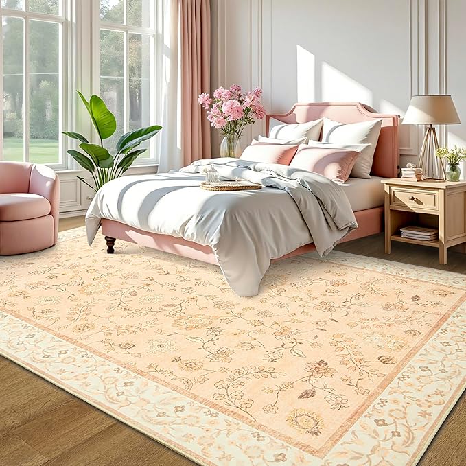 LOCHAS Washable Area Rugs 5x7, Peach Floral Rug for Living Room Bedroom Non Slip, Ultra Soft Vintage Indoor Carpet for Kids, Nursery, Dorm, Dining Room, Classroom, Boho Flower Home Decor, Low-Pile