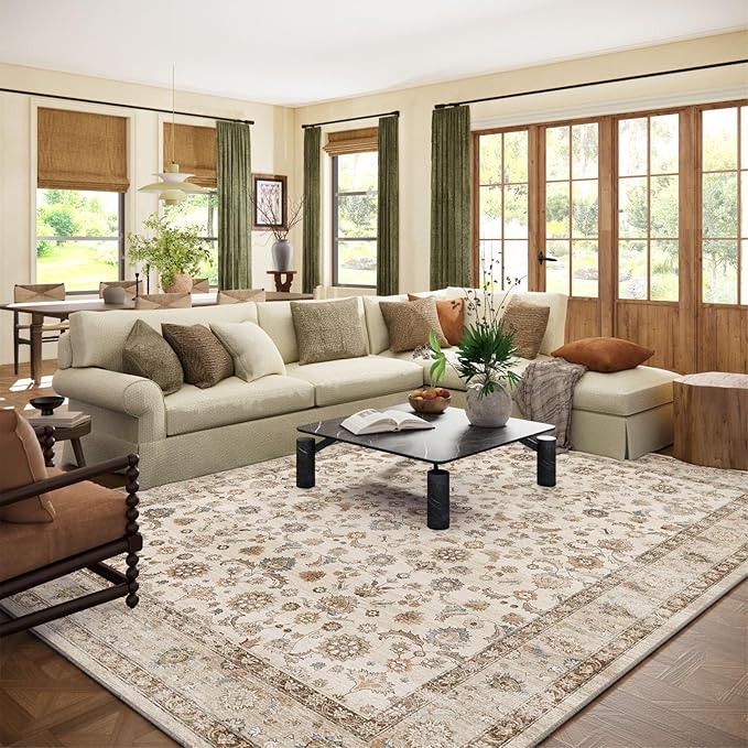 Washable Area Rugs for Living Room: 8x10 Bedroom Rug Boho Vintage Area Rug Stain Resistant Non Slip Low Pile Lightweight Soft Carpets for Dining Room Kitchen Nursery Kids Room Playroom Home Office