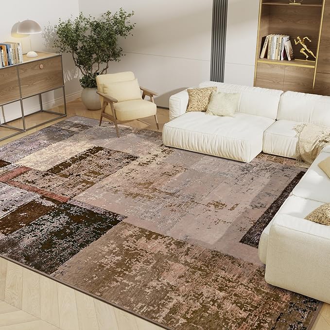 LOCHAS Rug for Living Room, Washable Soft Area Rugs for Bedroom 8x10, Abstract Carpet for Indoor Office Kids Dining Room Nursery Floor, Brown Geometric Vintage Home Decor, Non Slip, Pet Child Friendly