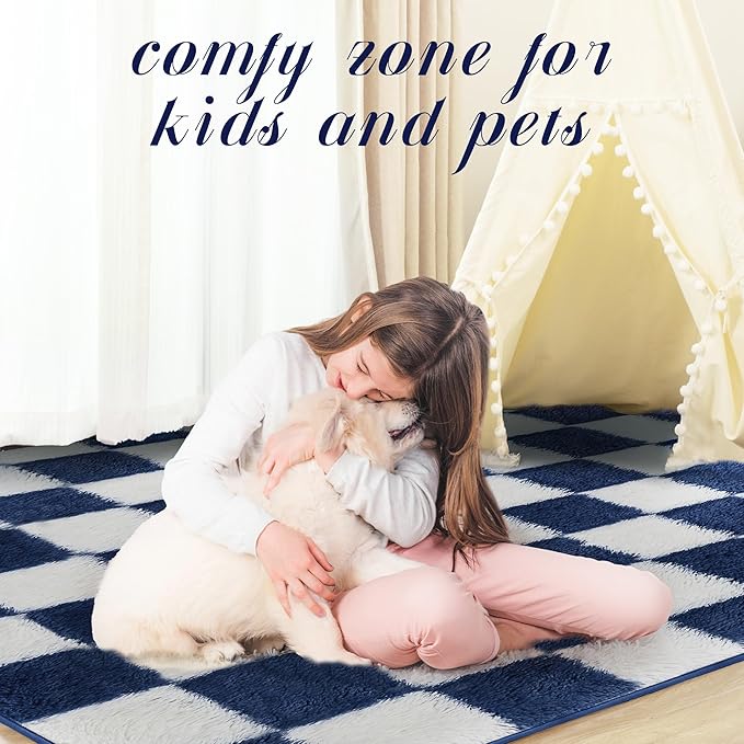 Super Soft Rug for Bedroom, 4x6 ft Blue and White Area Rug Classic Checkered Shaggy Anti-Skid High Pile Soft Fluffy Rug Fuzzy Carpet for Living Room Bedroom Kids Room Nursery, Dorm
