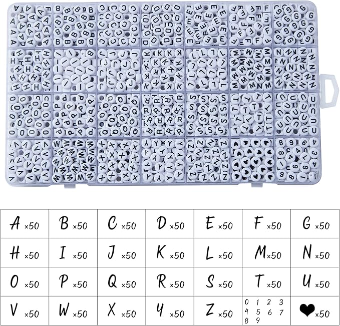 1400pcs Letter Beads, 4x7 mm Acrylic Alphabet Beads, Beads for Jewelry and Bracelet Making, in 28 Grid Box (White and Black)