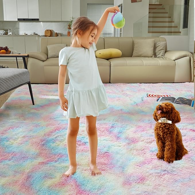 Ultra Soft Rug for Living Room, 3X5 Fluffy Shag Area Rug for Bedroom, Modern Shaggy Carpets Fuzzy Rug for Teens Dorm Nursery Home Decor Aesthetic, Upgrade Anti-Skid Durable, Rainbow