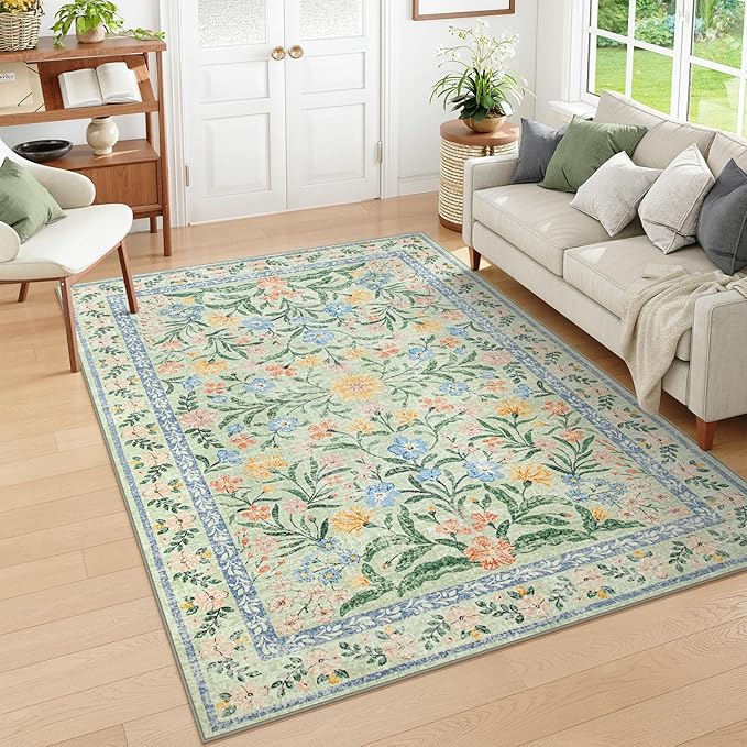 Wonnitar Washable Floral 6x9 Rug, Soft Green Area Rug Boho Non Slip Dining Room Carpet, Non-Shedding Flower Floor Carpets for Kids Bedroom Living Room Dorm Playroom