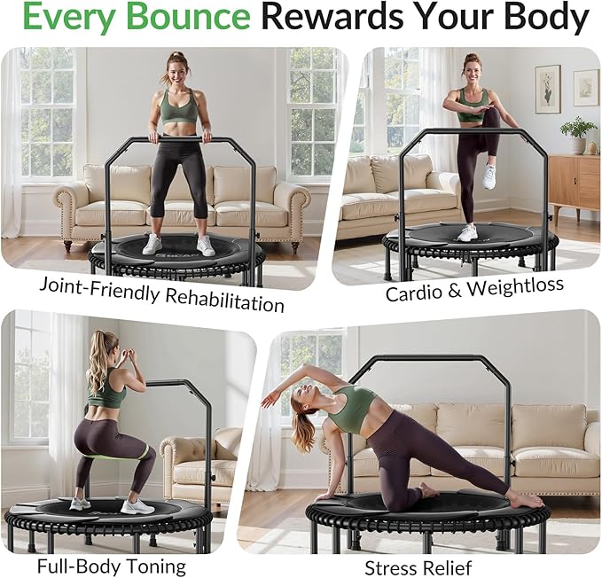 BCAN 40"/48" Mini Rebounder Trampoline for Adults with Bar, 450/550LBS Fitness Trampoline with Bungees, Adjustable Handle, Stable & Quiet, Indoor Outdoor, Whole-Body Workout & Relaxation at Home