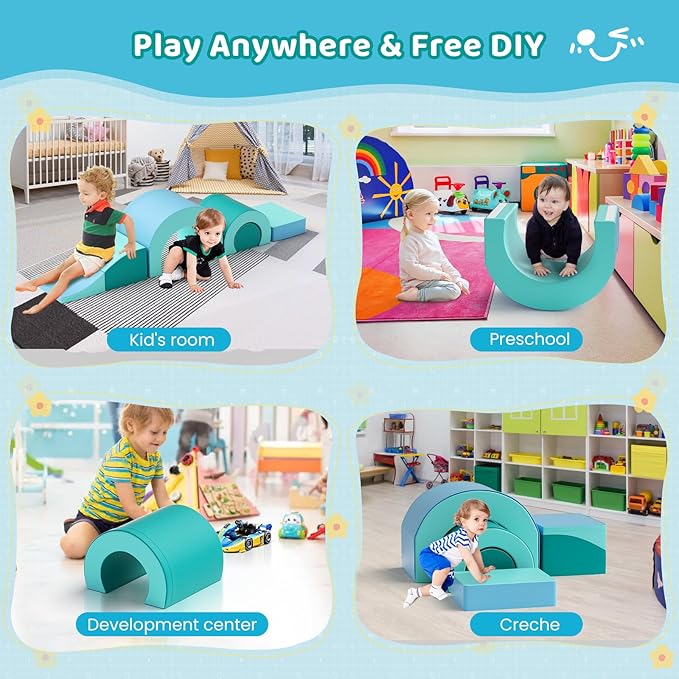 Lischwert Foam Climbing Blocks, Soft Climbing Toys for Toddlers, 5 Pieces Crawl and Climb Foam Playset with Foldable Block and Tunnel, Indoor Climber Activity Play Set for Kids Age 1+