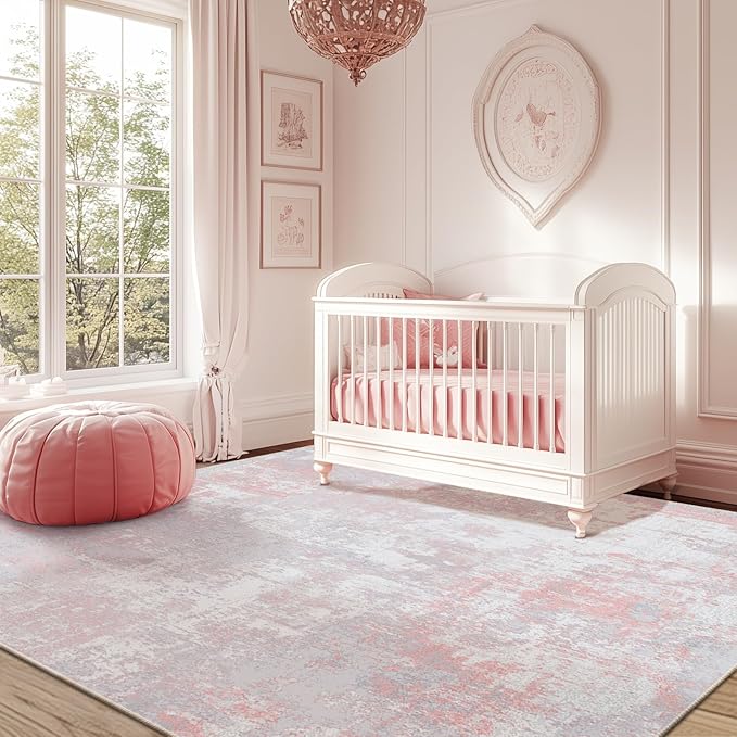 Washable Area Rugs 5'x7' Non-Slip Modern Abstract Soft for Living Room Entryway Bedroom Nursery, Print Pattern, Grey Pink