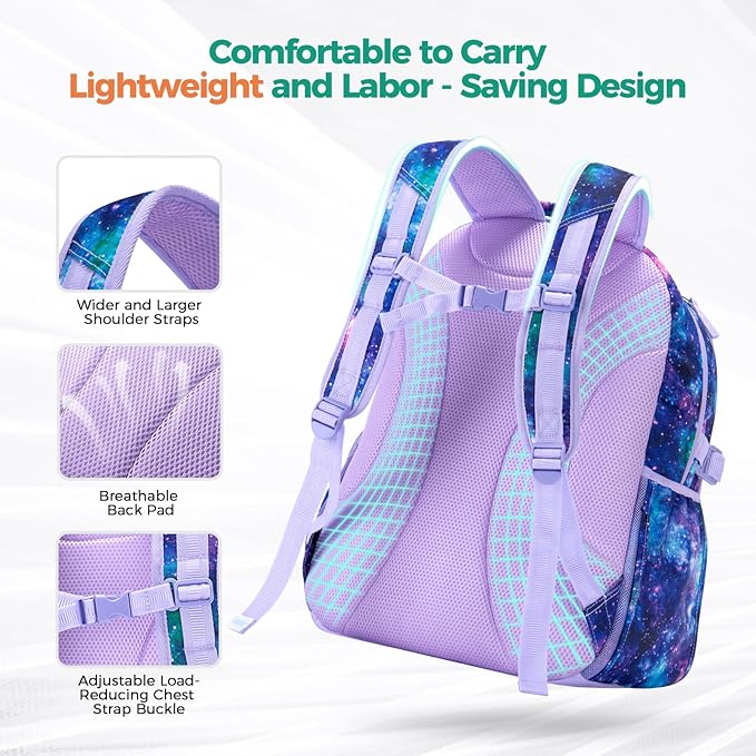 Choco Mocha Unicorn Backpack for Girls, Elementary School Backpack for Girls Ages 6-8 Kids Kindergarten Backpack Large Bookbag 18 Inch with Chest Strap, Purple