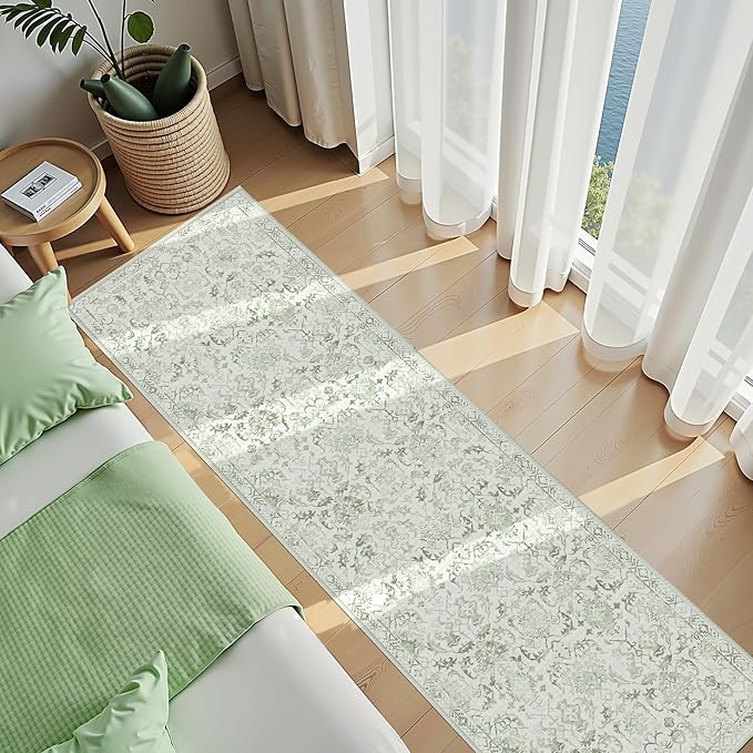 Sage 3x12 Runner Rug for Hallways Bed Side Kitchen, Boho Washable Distressed Low-Pile Floor Entryway Long Bathroom Mat, Non-Slip Laundry Room Washstand Front Carpet 36x144 Inch