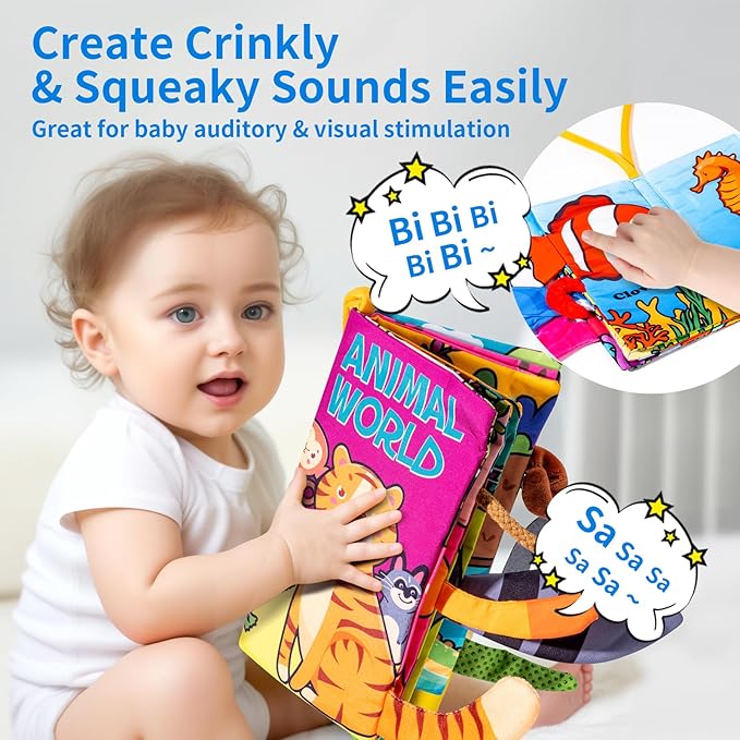 Baby Books 0-6 Months, 2PCS Crinkle Books for Babies, Touch and Feel Sensory Cloth Book 6-12 Months, Tummy Time Toys, Baby Toys for Newborn 6 Page Pink