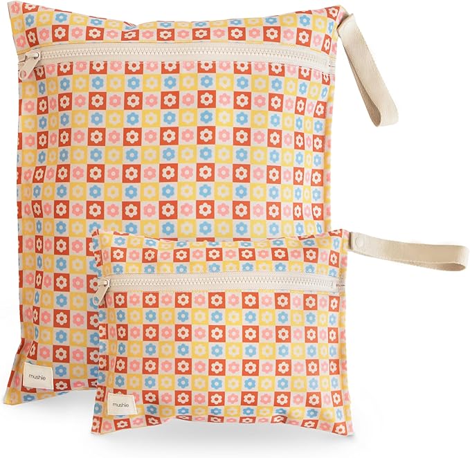 mushie Water Resistant Wet Bags | Large & Small Reusable Storage Bag for Baby Items and Travel | Zippered Pockets with Handle | Machine Washable, Set of 2 (Happy Flowers Check)