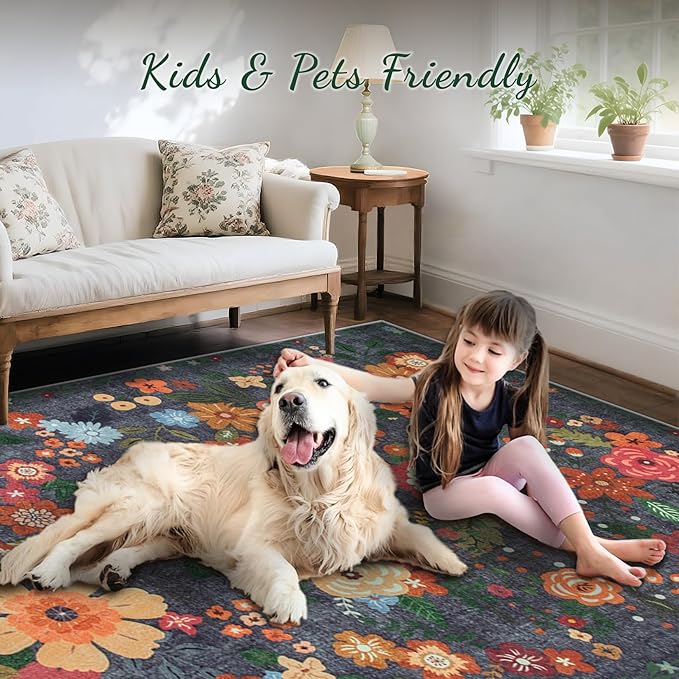 Area Rug Living Room Rugs: 5x7 Washable Rug Vintage Floral Soft Boho Non Slip Carpet Indoor Floor Non Shedding Low Pile Thin Carpets for Bedroom Dining Room Farmhouse Nursery Home Office Black