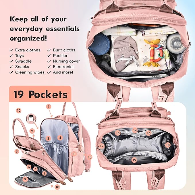 Dikaslon Diaper Bag Backpack with Portable Changing Pad, Pacifier Case and Stroller Straps, Large Unisex Baby Bags for Boys Girls, Multipurpose Travel Back Pack Moms Dads, Pink