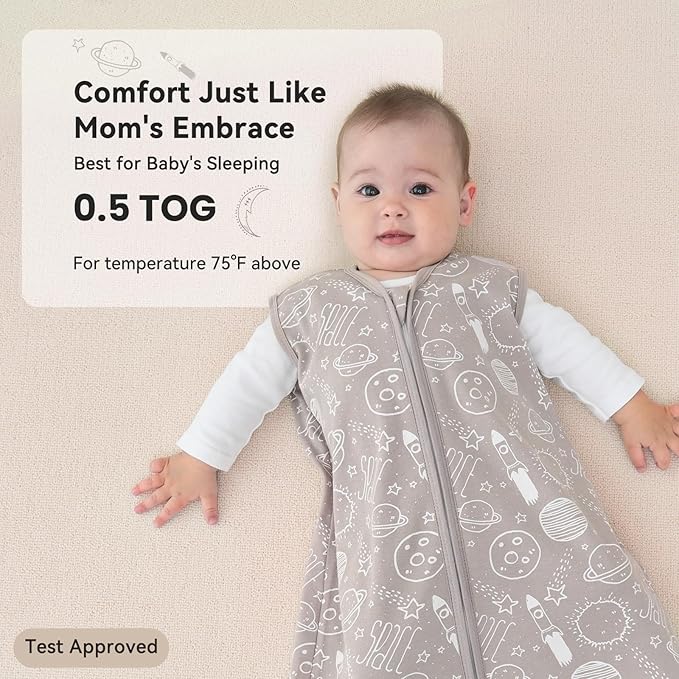 Baby Sleep Sack 12-18 Months 3 Pack 100% Cotton Lightweight 0.5 TOG Wearable Blanket Baby Sleep Bag with 2-Way Zipper for Newborn Infant White Gray Blue Space