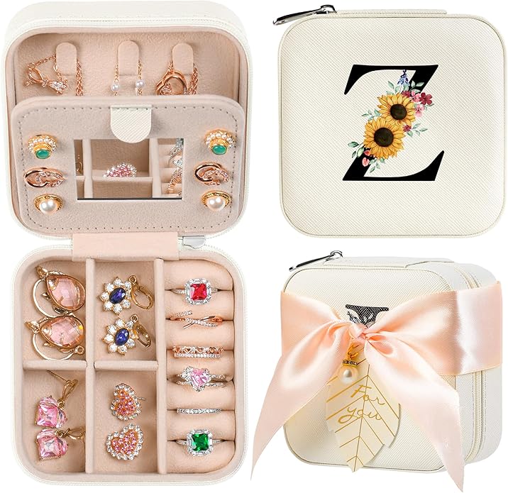 AYGXU Travel Jewelry Box for Women and Girls - Small Case With Initial A-Z - Teacher Gifts