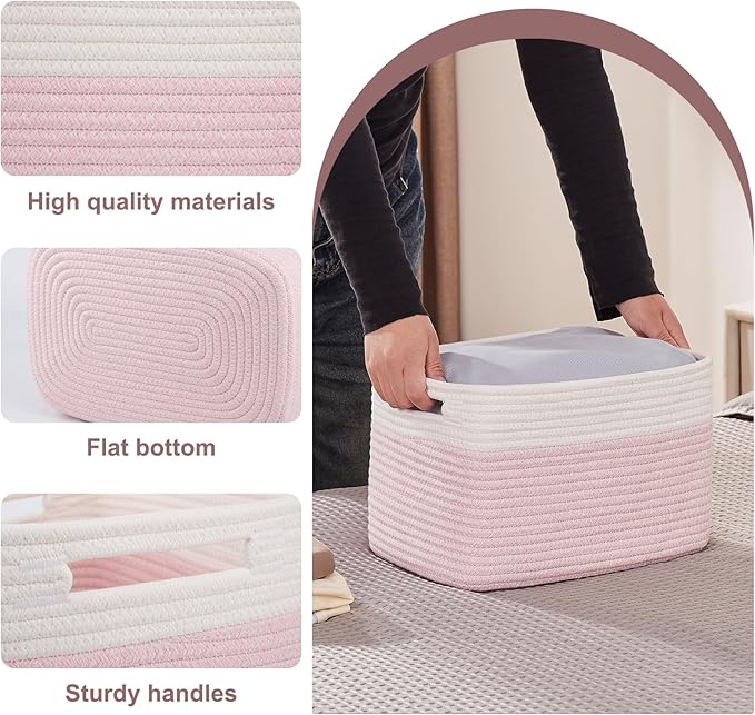 OIAHOMY 4 Pack Storage Baskets for Organizing, Basket for Shelves with Handle, Woven Baskets for Storage Toys, Towels, Books, Cotton Rope Basket 13" L x 9 " W x 7.8 " H, Pink & White