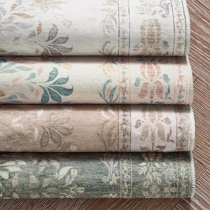 jinchan Hallway Runner Rug 2x8 Vintage Floral Distressed Design - Machine Washable Non-Slip Low-Pile Soft Thin Faux Wool Kitchen Carpet for Farmhouse Bedroom Laundry Room(2x8ft,Apricot Multi)