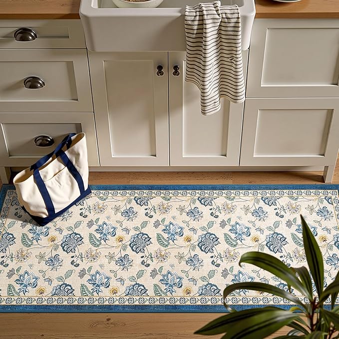 jinchan 2x5 Floral Runner Rug for Hallway Washable Kitchen Runner Vintage Romance Design Non Slip Thin Indoor Floor Cover Low-Profile Throw Carpet for Entryway Bathroom Bedroom Porch, Blue/Beige