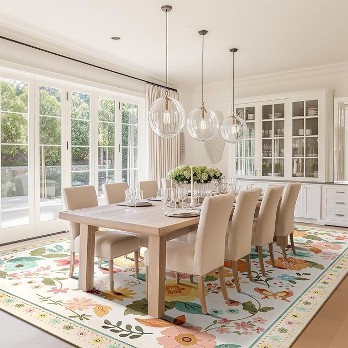 Floral 8x10 Area Rug Machine Washable Soft Print Boho Carpet Non Slip Doormat Low Pile Flower Area Rugs for Living Room Bedroom Nursery Kitchen Dining Room Indoor-Beige/White/Orange