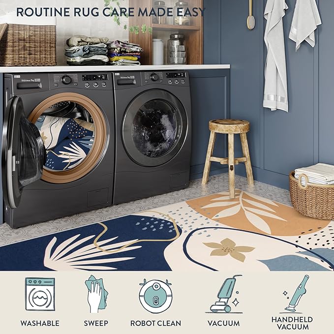 Lahome Washable Area Rug - 8x10 Non-Slip Ultra-Thin Large Area Rug, Soft Bedroom & Living Room Rug, Boho Botanical Print Indoor Stain Resistant Floor Rug for Dining Room Table & Office