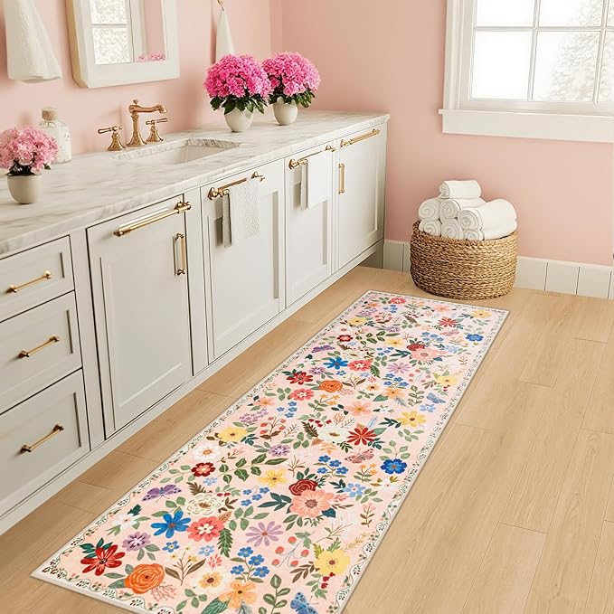 Runner Rug for Entryway: 2x10 Kitchen Rugs Non Slip Washable Ultra-Thin Soft Floral Carpet Indoor Floor Stain Resistant Carpets for Hallway Bedroom Kitchen Laundry Bathroom Dorm Beige