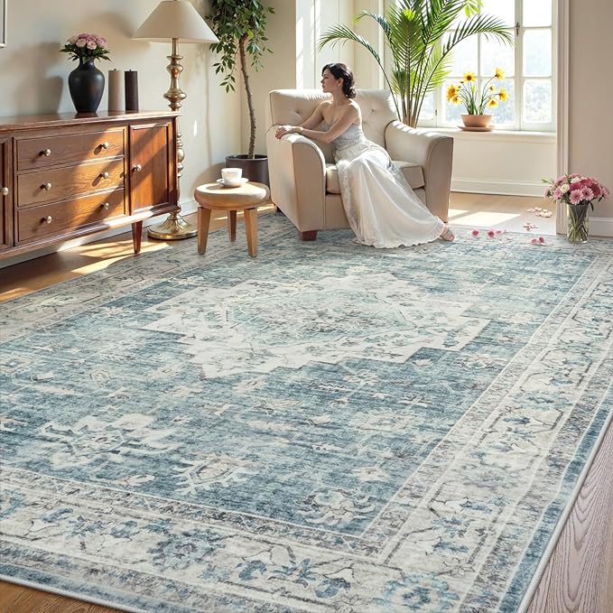 LIVEBOX Washable Area Rug 6x9 Rugs for Living Room Dining Room Under Table, Non-Slip Boho Indoor Carpet for Bedroom, Low-Pile Farmhouse Soft Carpets for Nursery Room Playroom, Blue
