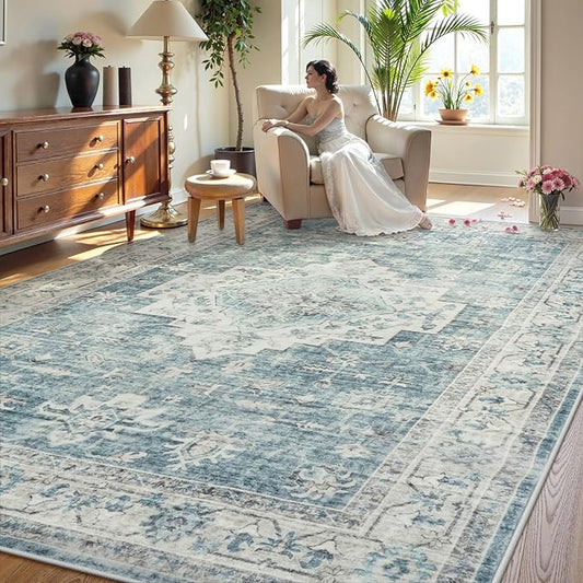 LIVEBOX Washable Area Rug 6x9 Rugs for Living Room Dining Room Under Table, Non-Slip Boho Indoor Carpet for Bedroom, Low-Pile Farmhouse Soft Carpets for Nursery Room Playroom, Blue