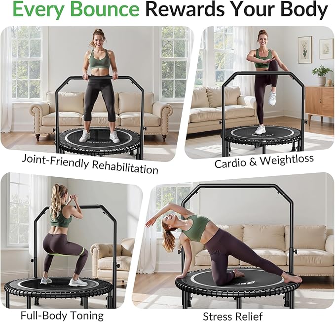 BCAN 40"/48" Mini Rebounder Trampoline for Adults with Bar, 450/550LBS Fitness Trampoline with Bungees, Adjustable Handle, Stable & Quiet, Indoor Outdoor, Whole-Body Workout & Relaxation at Home