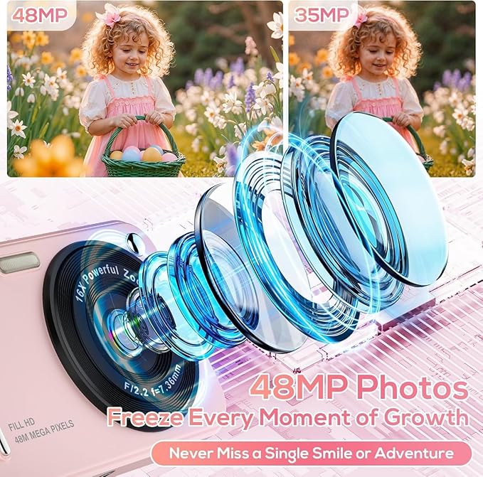 Digital Camera for Kids, WITYEAH 48MP FHD 1080P Point and Shoot Digital Cameras with 16X Zoom Anti-Shake, Compact Portable Cameras for Photography, for Boys Girls Teens Beginners-Pink