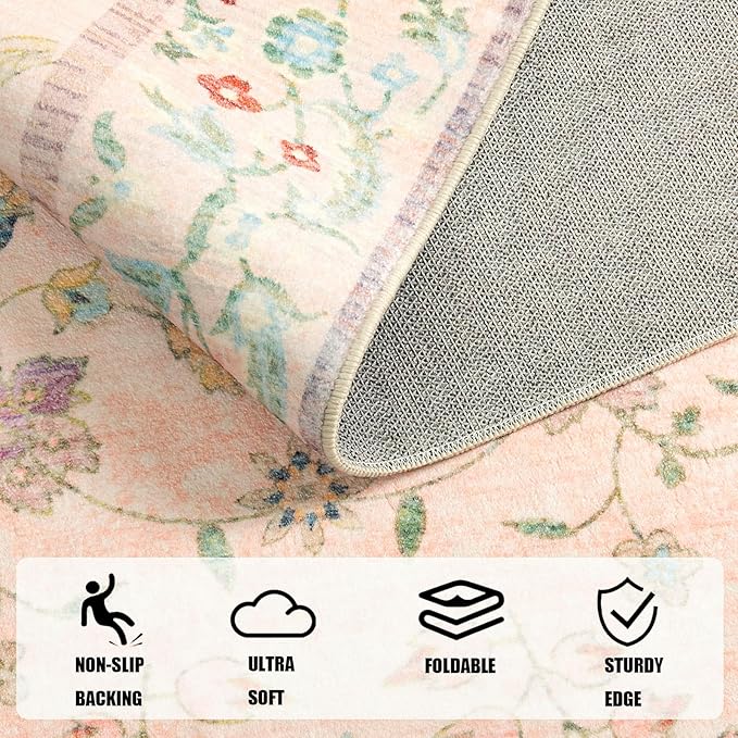 LOCHAS Washable Area Rugs 6x9, Pink Floral Rug for Living Room Bedroom Non Slip, Ultra Soft Vintage Indoor Carpet for Kids, Nursery, Dorm, Dining Room, Classroom, Boho Flower Home Decor, Low-Pile