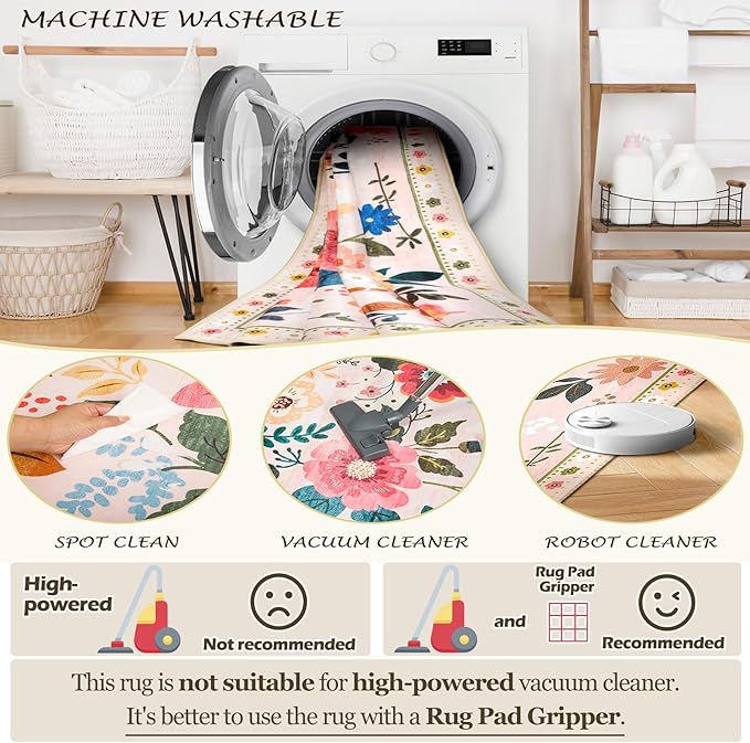 Floral 4x6 Area Rug Machine Washable Soft Print Boho Carpet Non Slip Doormat Low Pile Flower Area Rugs for Living Room Bedroom Nursery Kitchen Dining Room Indoor-Pink