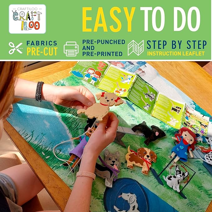 CRAFTILOO 8 Pre-Cut Dogs Stuffed Animal Fun Kids Sewing Kit for Kids Ages 8-12 Children Beginners Sewing kit Kid Puppy Crafts Felt Pillow Plush Craft Kit Girls and Boys