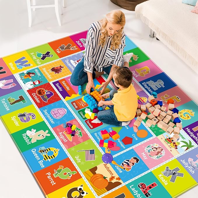 Kids Rug for Playroom, Kids Baby Playmat with Alphabet, Month, Weather, Week and Shapes ABC Educational Rug, Play Mat Carpet for Bedroom Classroom (78.7X59 INCH, Weather)