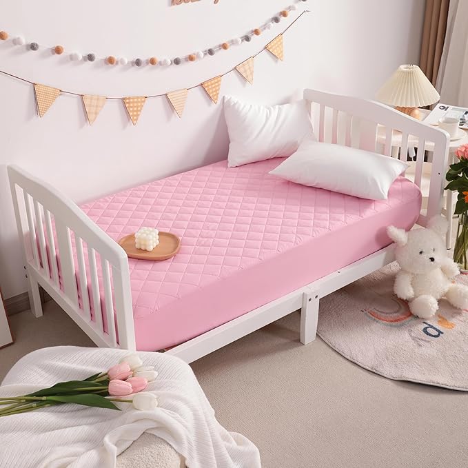 NTBAY 2 Pack Waterproof Crib Mattress Protector, Quilted 28"x52" Toddler Fitted Sheet - Machine Washable - Soft and Breathable Mattress Pad Cover for Crib, Nursery, Daycare, Cot, Pink
