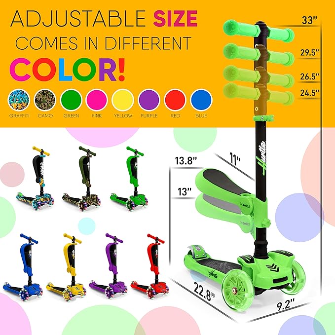Hurtle 3-Wheeled Scooter for Kids - Wheel LED Lights, Adjustable Lean-to-Steer Handlebar, and Foldable Seat - Sit or Stand Ride with Brake for Boys and Girls Ages 1-14 Years Old