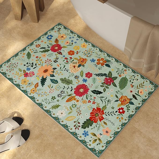 2x3 Washable Rug for Entryway, Floral Green Soft Small Area Rug, Non Slip Doormat Indoor Entrance Carpet, Flower Low Pile Front Door Throw Rug for Bedroom, Kitchen, Laundry, Bathroom, Sage Green