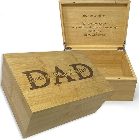 Dad Gifts from Son - Custom Engraved Wooden Box with Kids Names, Unique First Father's Day Gift Ideas, Customized Gifts for Dad for Christmas, Papa Grandpa Gift Fathers Day from Grandkids 11x8x4.75 in